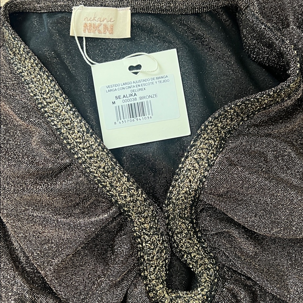 Nekane Alika Bronze Shimmer Maxi Dress Gold Lurex V-Neck Keyhole NWT Medium - Picture 9 of 12